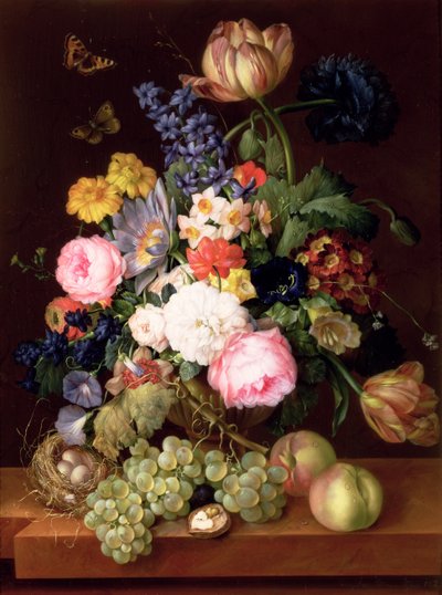 Blumen und Früchte mit einem Vogelnest auf einem Sims, 1821 von Franz Xavier Petter